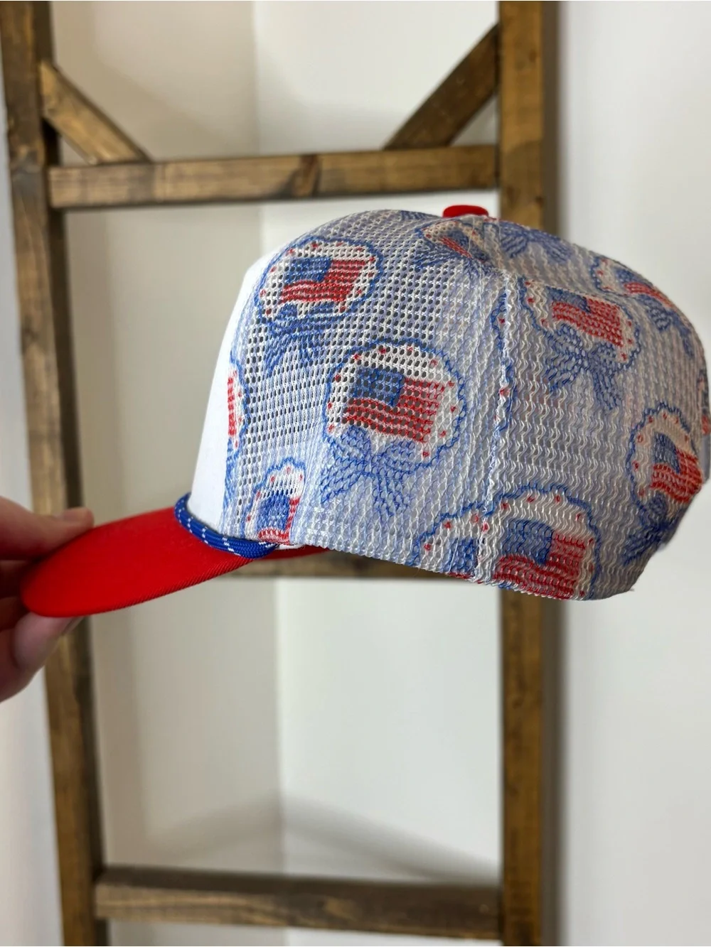 Patriotic American Flag Sequin Bow Trucker Hat - Red & White